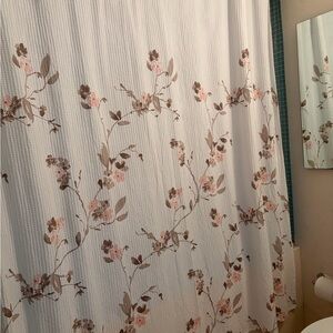 DKNY Cream Waffle-Texture Shower Curtain with Pink & Brown Floral Accents